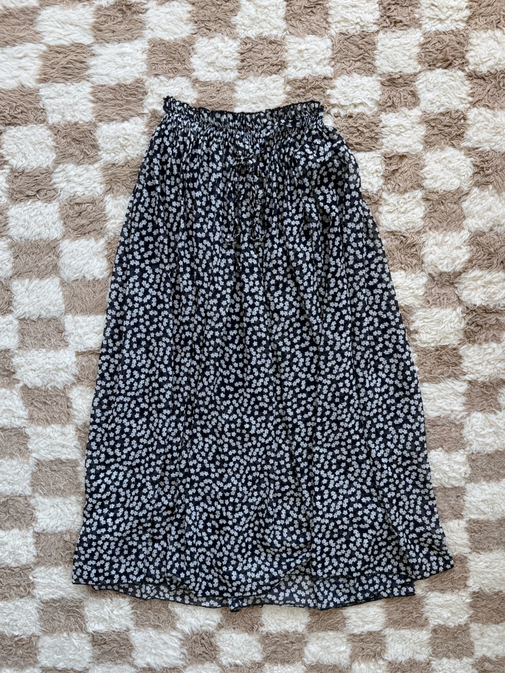 Black Floral Midi Skirt with Elastic Waist
